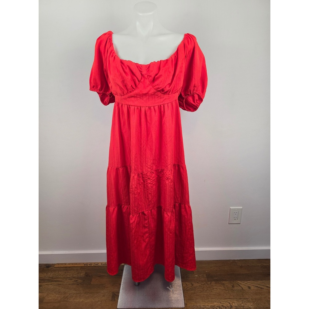 Arula Red Textured Dobby Tiered Midi Dress Puff Sleeve Pockets Size C (3X)